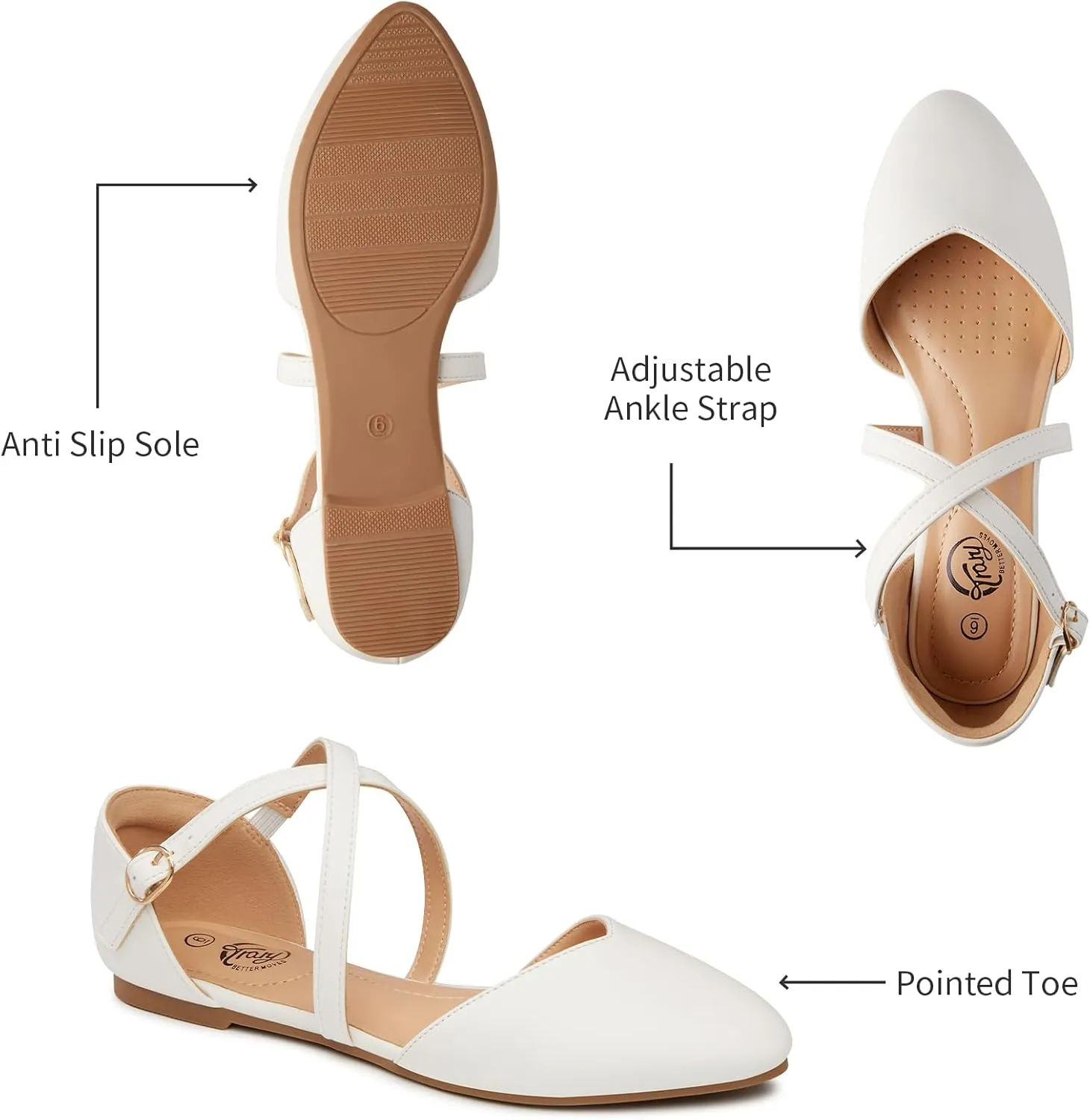 Trary Women's Flats, Black Wide Width Dress Shoes, Ankle Strap Closed Toe Ballet Flats