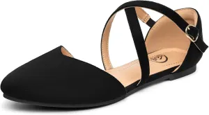 Trary Women's Flats, Black Wide Width Dress Shoes, Ankle Strap Closed Toe Ballet Flats