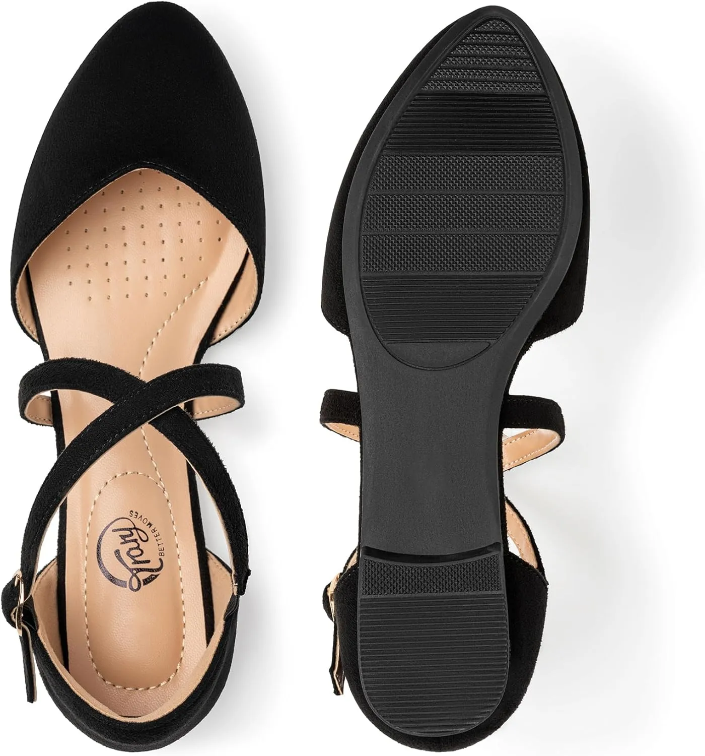 Trary Women's Flats, Black Wide Width Dress Shoes, Ankle Strap Closed Toe Ballet Flats