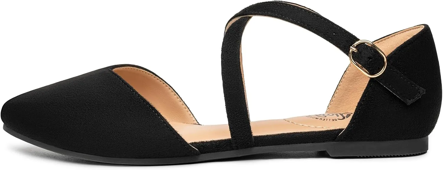 Trary Women's Flats, Black Wide Width Dress Shoes, Ankle Strap Closed Toe Ballet Flats