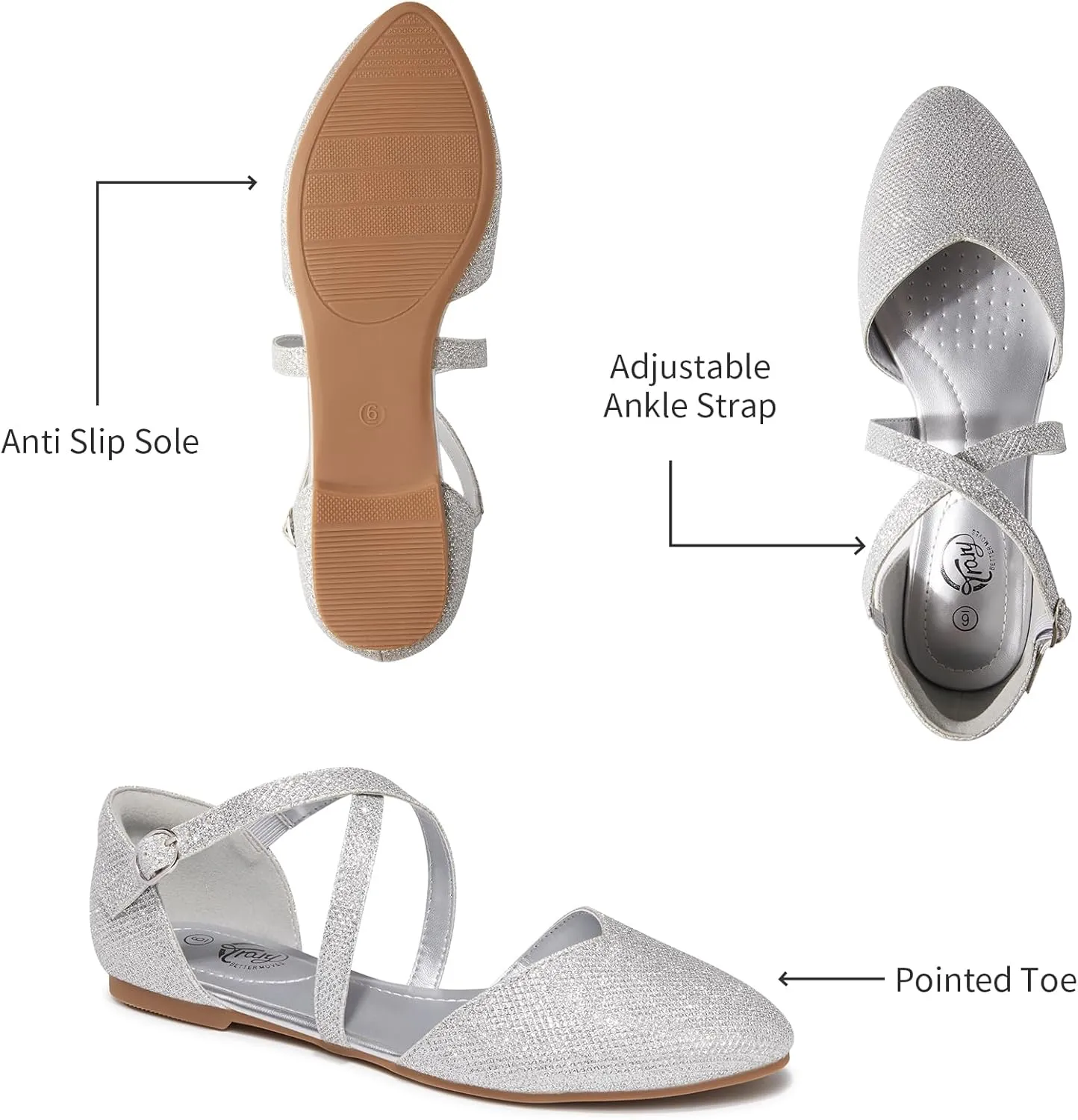 Trary Women's Flats, Black Wide Width Dress Shoes, Ankle Strap Closed Toe Ballet Flats