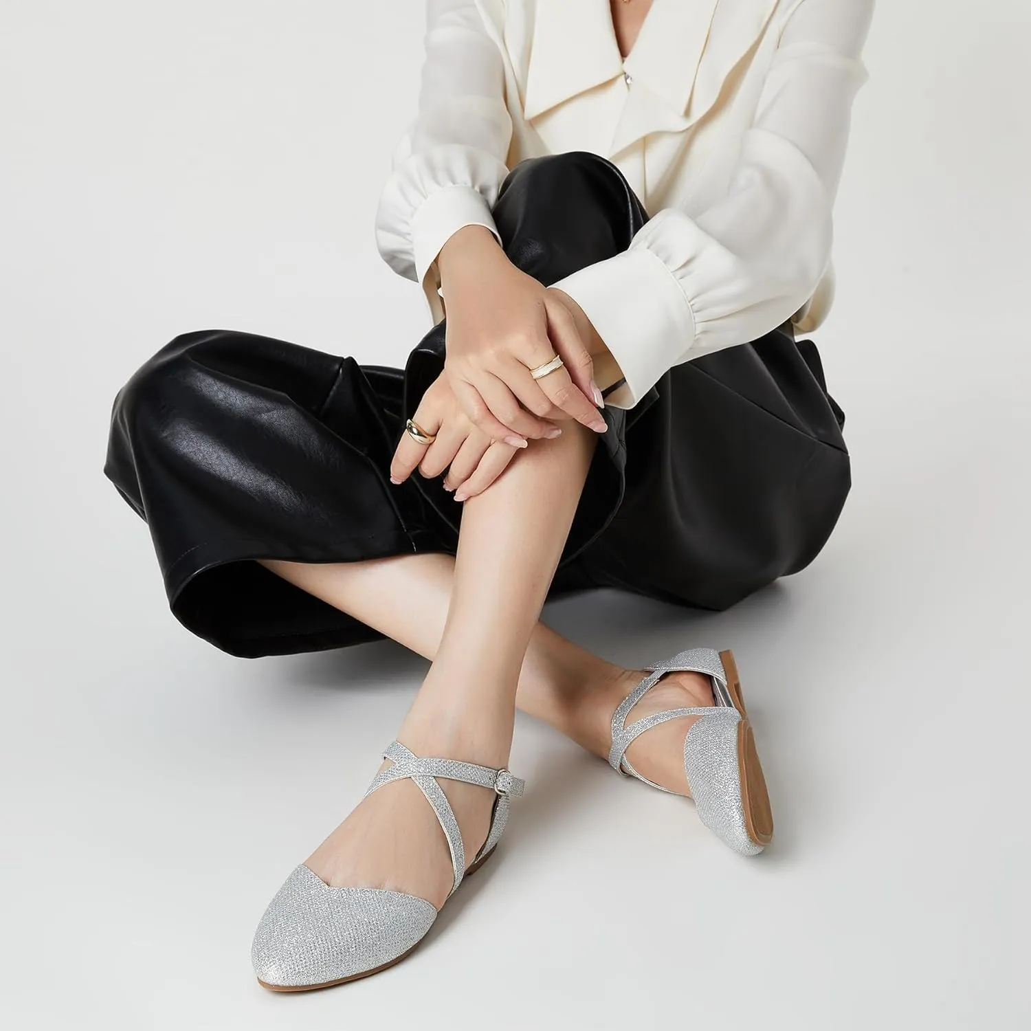 Trary Women's Flats, Black Wide Width Dress Shoes, Ankle Strap Closed Toe Ballet Flats