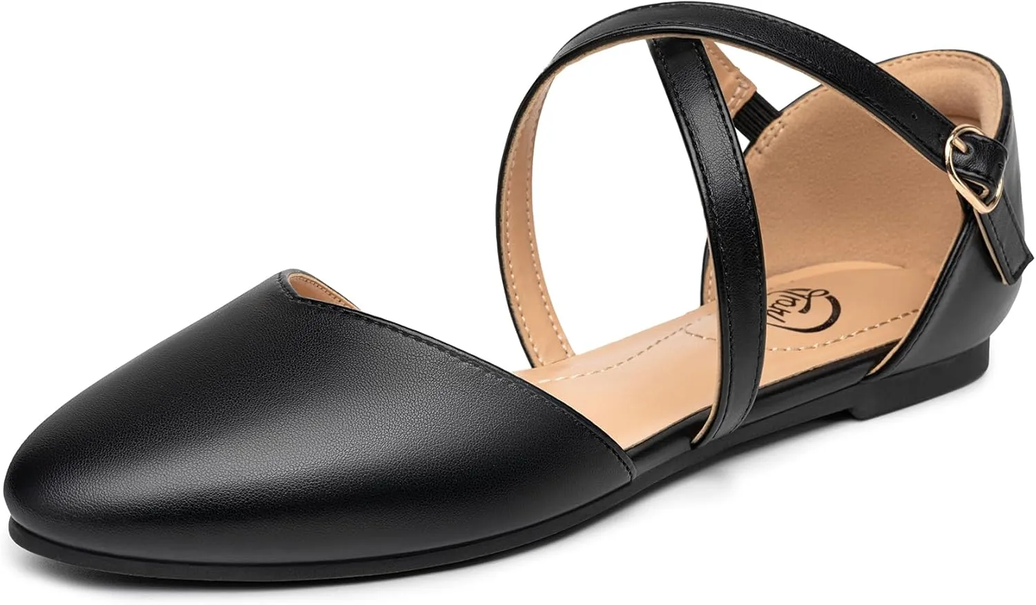 Trary Women's Flats, Black Wide Width Dress Shoes, Ankle Strap Closed Toe Ballet Flats