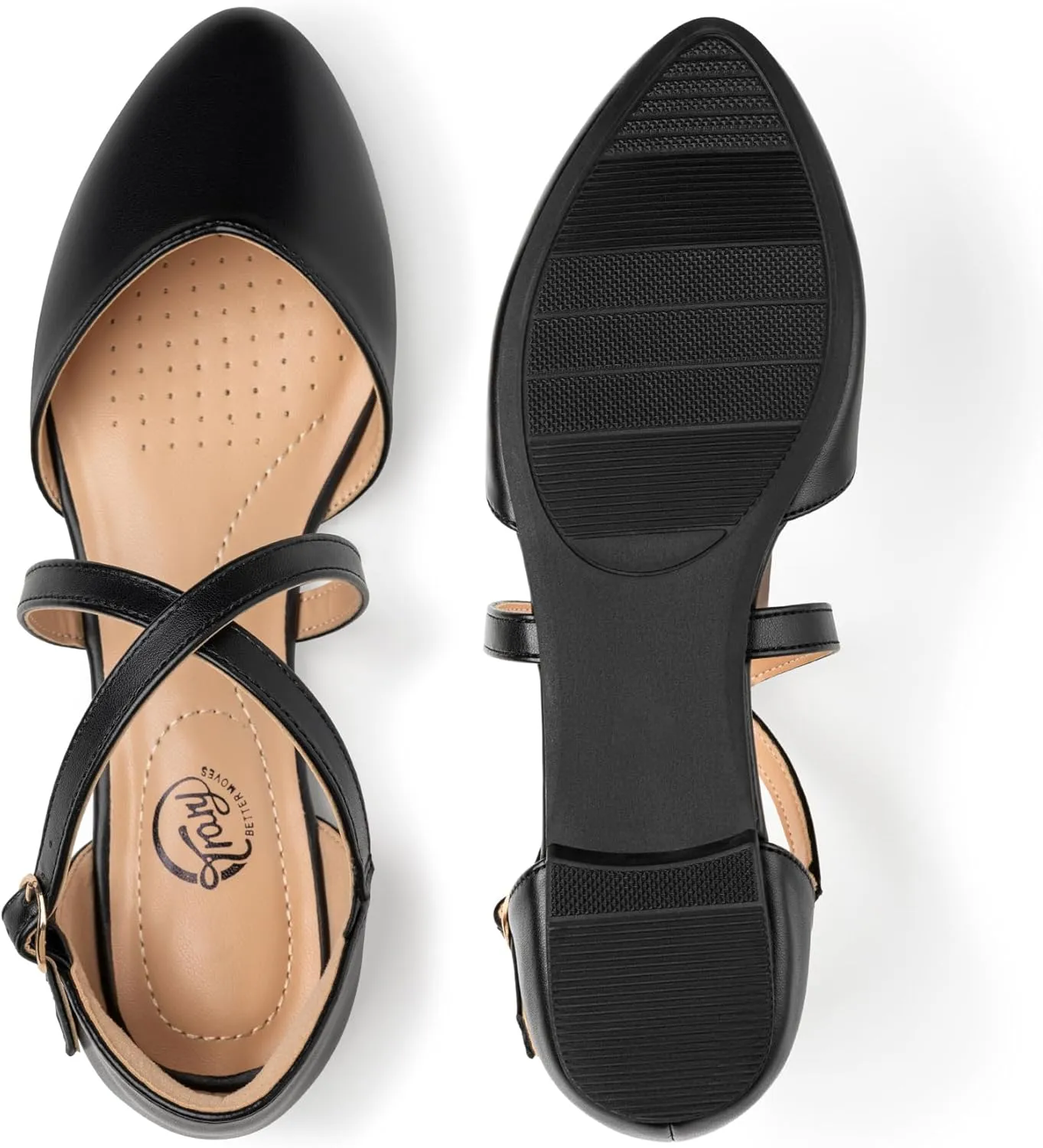 Trary Women's Flats, Black Wide Width Dress Shoes, Ankle Strap Closed Toe Ballet Flats