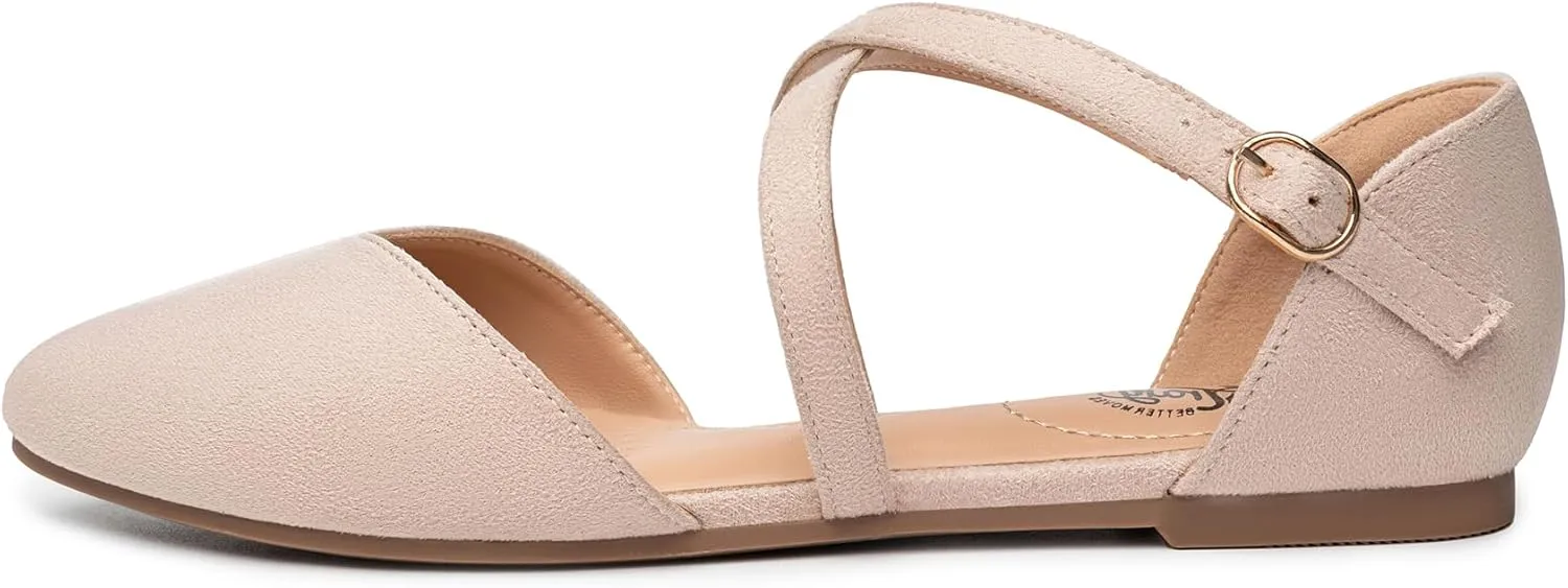 Trary Women's Flats, Black Wide Width Dress Shoes, Ankle Strap Closed Toe Ballet Flats