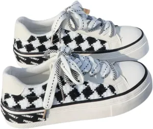 Trendy Checkered Low-Top Women's Sneakers Comfortable Fashion Canvas Casual Shoes Street Style Lace-Up Trainers