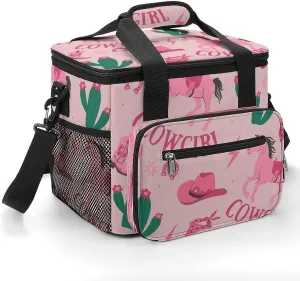 Trendy Pink Cowgirl 22.5L Insulated Camping Coolers Bag Cowboy Boots Large Leakproof Ice Chest for Beach Travel Picnic