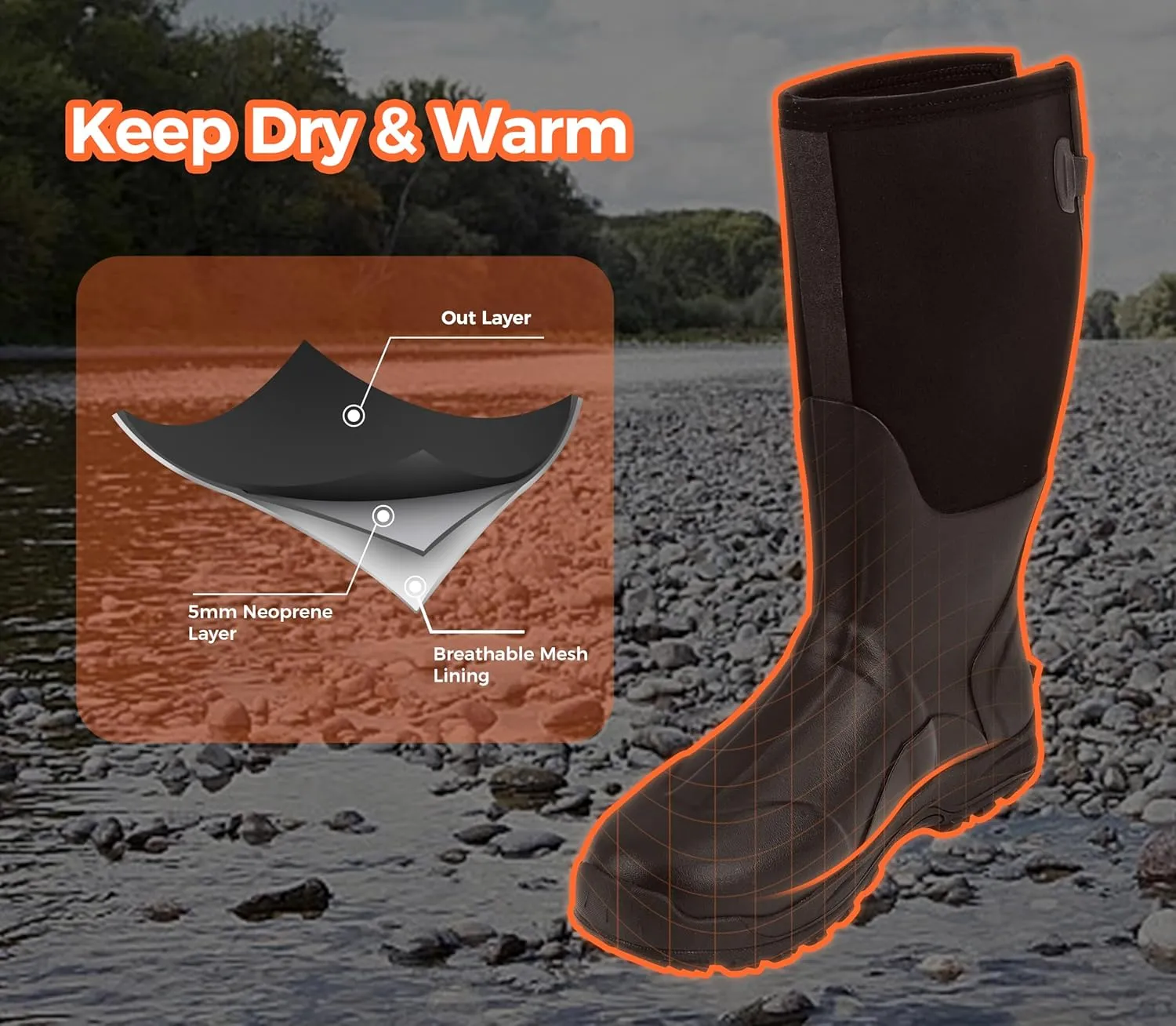 Ubon Men's Waterproof Neoprene Rain Boot Insulated Rubber Boots for Mud Work, Hunting, Fishing and Gardening with Adjustable Mid Calf