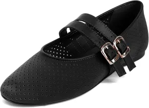 UBWDU Suede Mary Jane Flats for Women Perforated Round Toe Ballet Flats Comfortable Ballerina Shoes with Double Buckle Strap