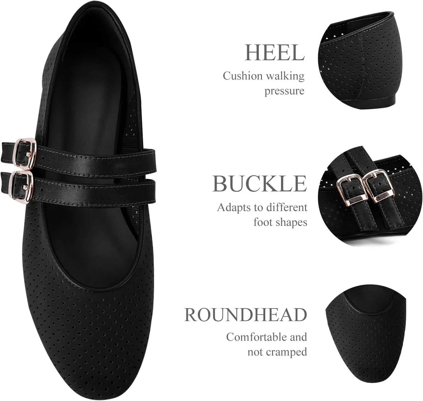 UBWDU Suede Mary Jane Flats for Women Perforated Round Toe Ballet Flats Comfortable Ballerina Shoes with Double Buckle Strap