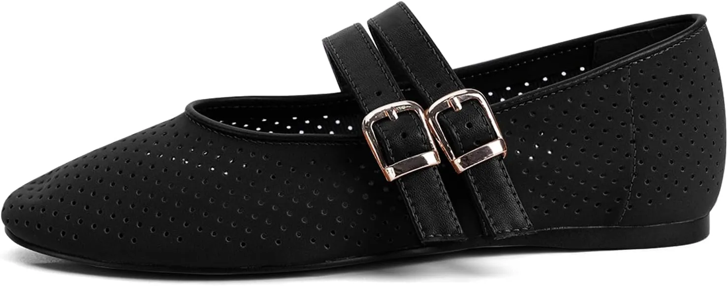 UBWDU Suede Mary Jane Flats for Women Perforated Round Toe Ballet Flats Comfortable Ballerina Shoes with Double Buckle Strap