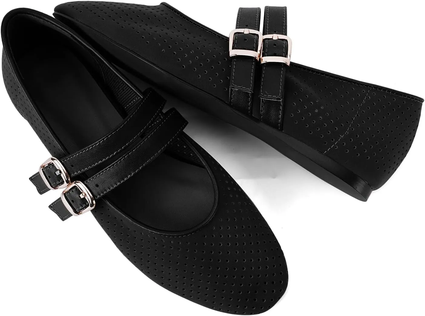 UBWDU Suede Mary Jane Flats for Women Perforated Round Toe Ballet Flats Comfortable Ballerina Shoes with Double Buckle Strap