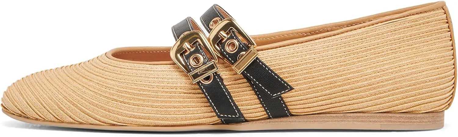 UBWDU Suede Mary Jane Flats for Women Perforated Round Toe Ballet Flats Comfortable Ballerina Shoes with Double Buckle Strap