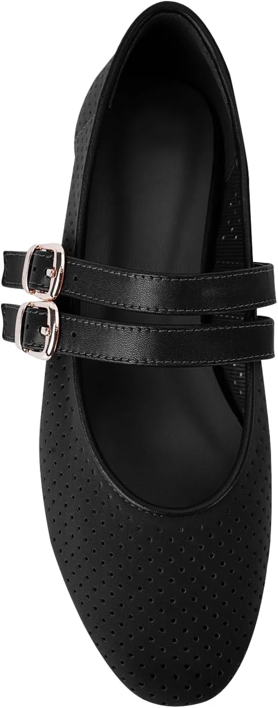 UBWDU Suede Mary Jane Flats for Women Perforated Round Toe Ballet Flats Comfortable Ballerina Shoes with Double Buckle Strap