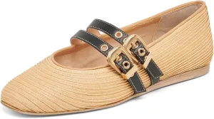 UBWDU Suede Mary Jane Flats for Women Perforated Round Toe Ballet Flats Comfortable Ballerina Shoes with Double Buckle Strap