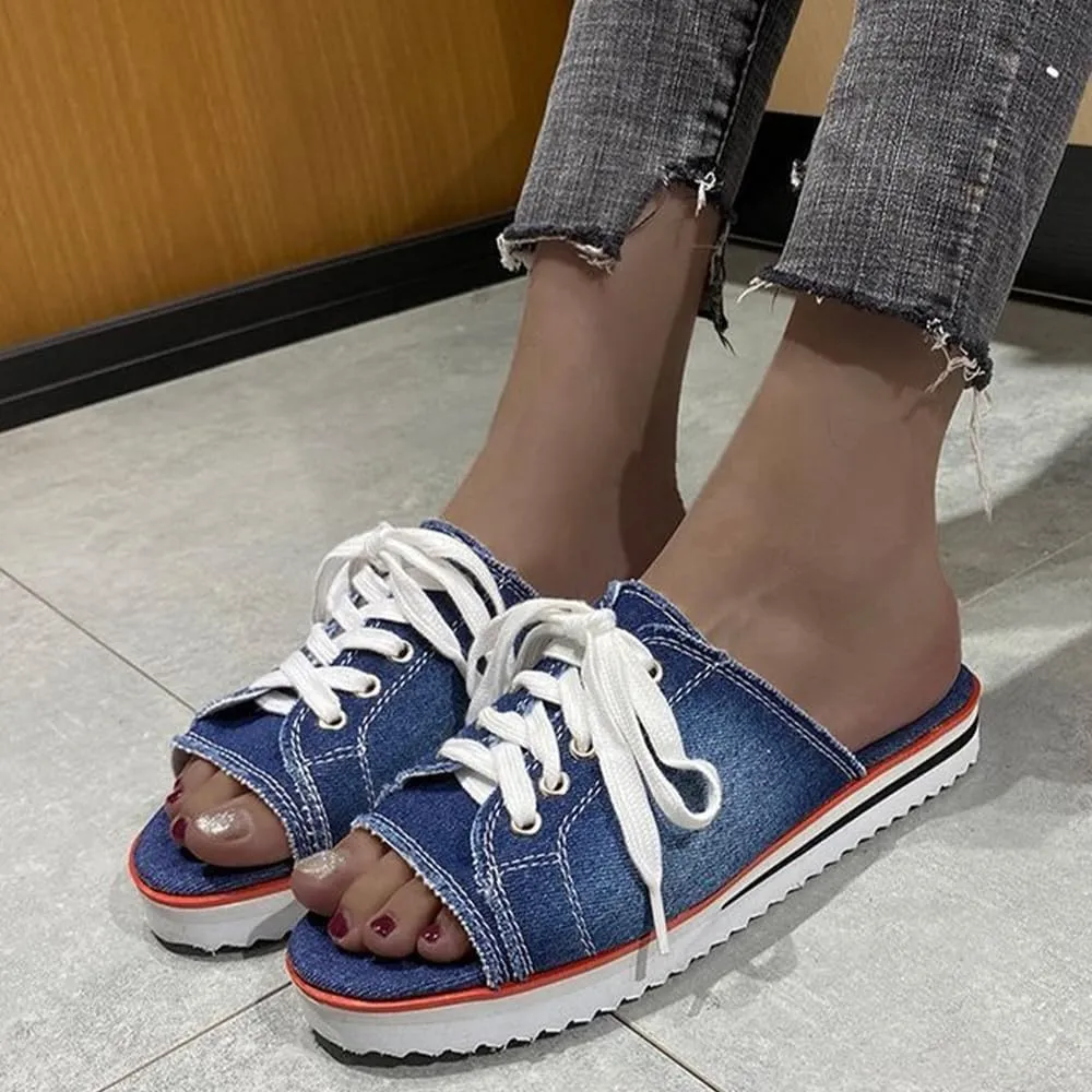 Ulalaza Women's Denim Slides Casual Jean Cloth Flat Mules Open Toe Wedge Slippers Platform Clogs Non-Slip Boho Sandals Close Pointed Toe Heels Backless Slip-On Loafers Walking Flip Flops