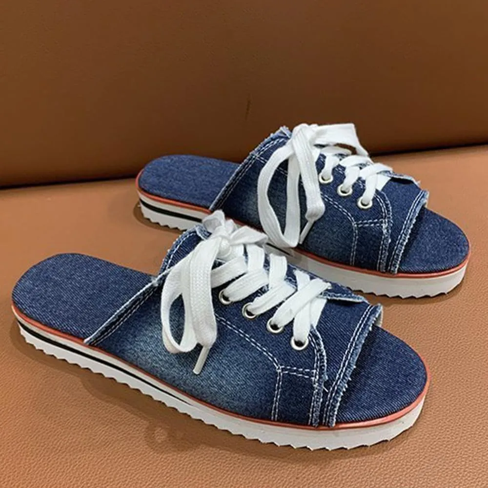 Ulalaza Women's Denim Slides Casual Jean Cloth Flat Mules Open Toe Wedge Slippers Platform Clogs Non-Slip Boho Sandals Close Pointed Toe Heels Backless Slip-On Loafers Walking Flip Flops