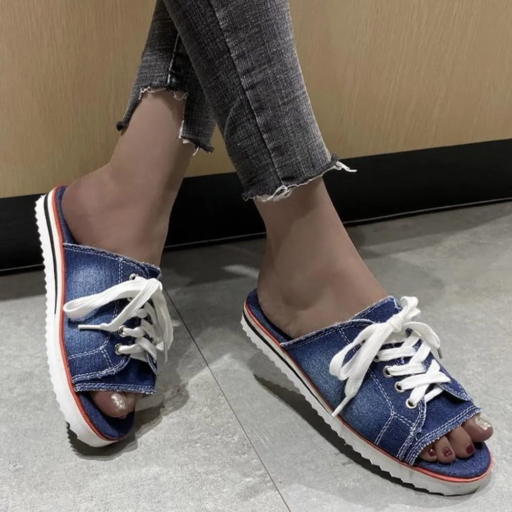 Ulalaza Women's Denim Slides Casual Jean Cloth Flat Mules Open Toe Wedge Slippers Platform Clogs Non-Slip Boho Sandals Close Pointed Toe Heels Backless Slip-On Loafers Walking Flip Flops
