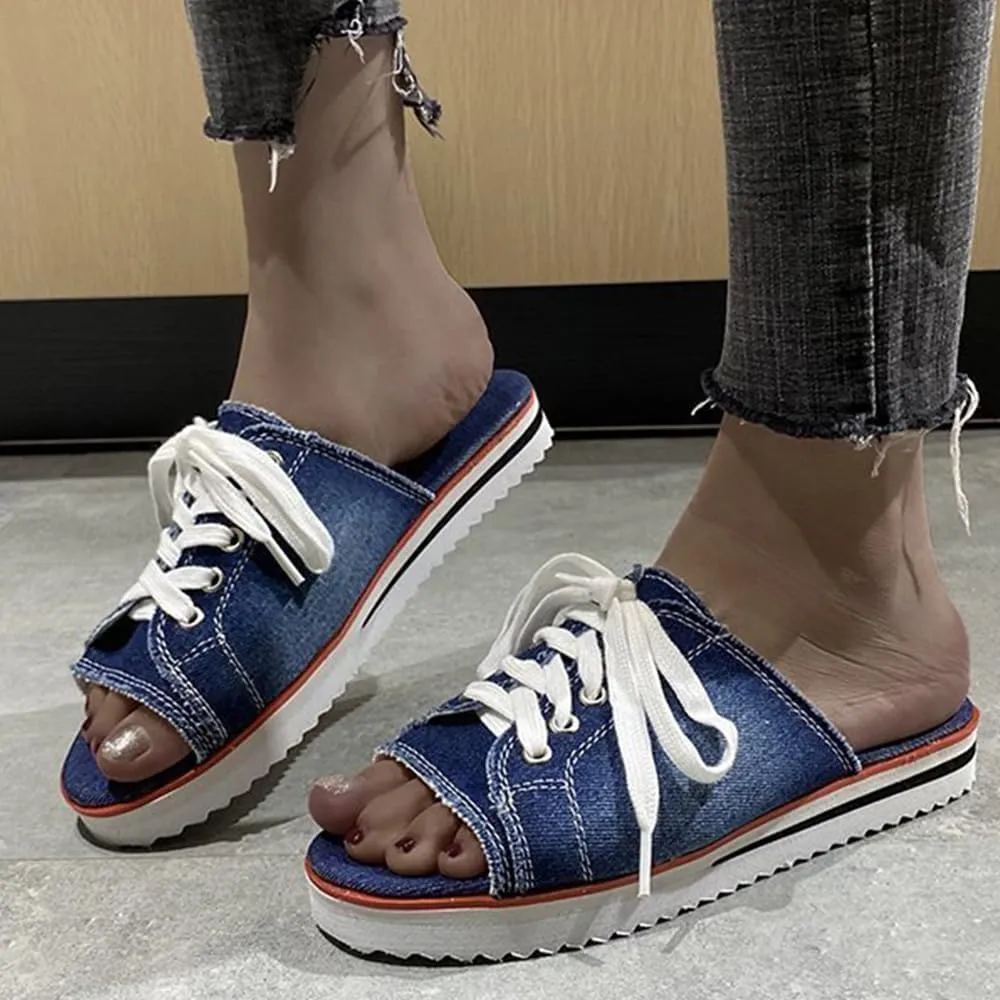 Ulalaza Women's Denim Slides Casual Jean Cloth Flat Mules Open Toe Wedge Slippers Platform Clogs Non-Slip Boho Sandals Close Pointed Toe Heels Backless Slip-On Loafers Walking Flip Flops