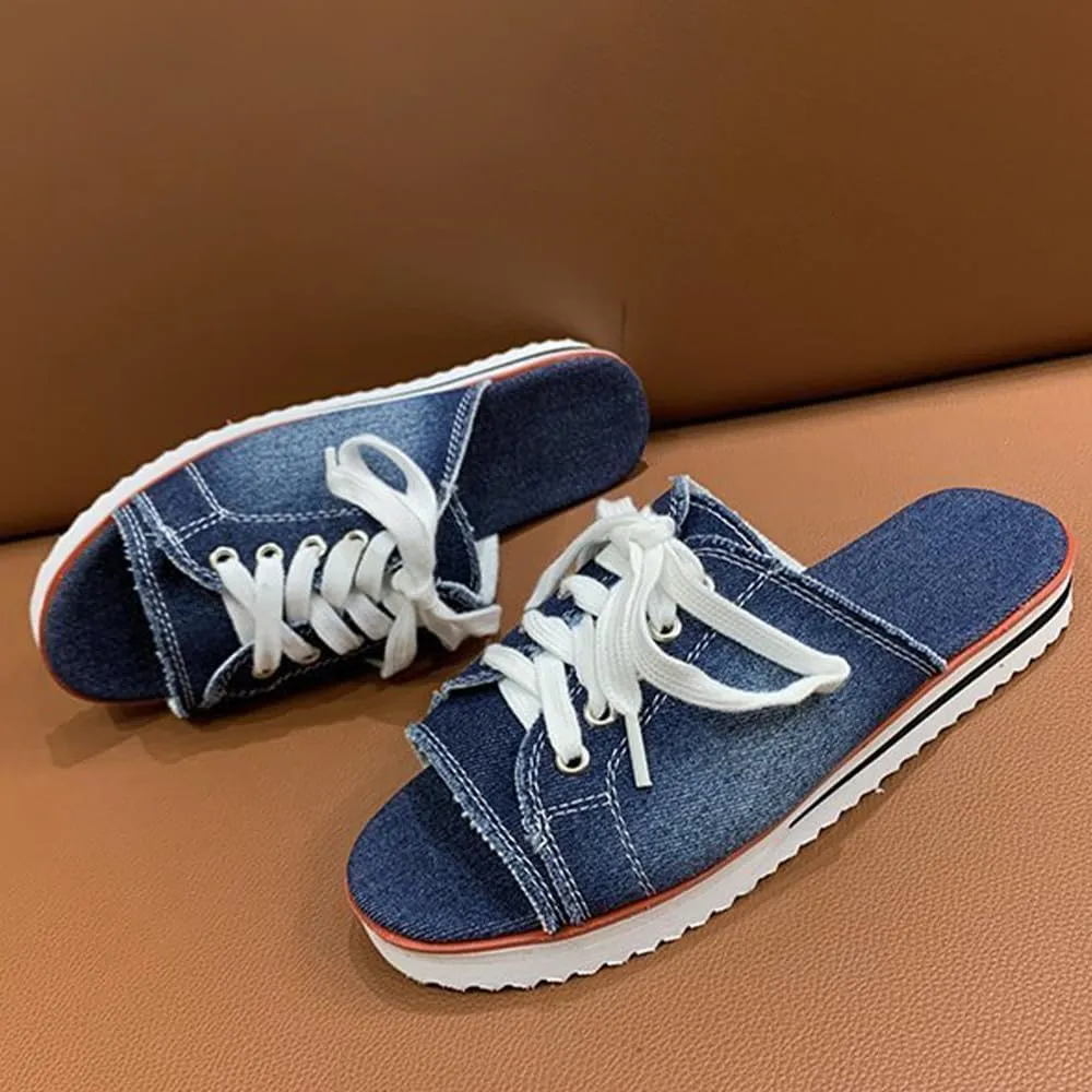 Ulalaza Women's Denim Slides Casual Jean Cloth Flat Mules Open Toe Wedge Slippers Platform Clogs Non-Slip Boho Sandals Close Pointed Toe Heels Backless Slip-On Loafers Walking Flip Flops