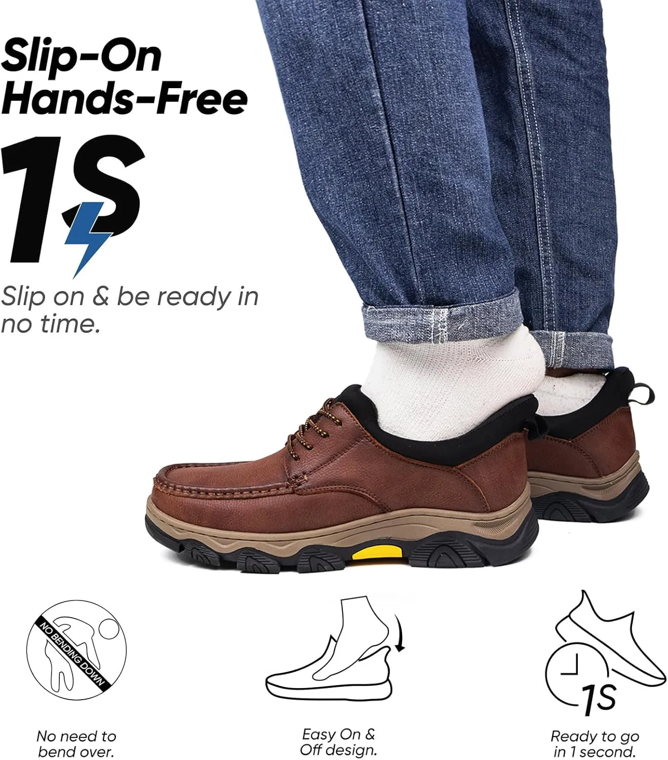 UPIShi Men's Slip On Hands Free Leather Walking Loafers Slip-Ins Casual Dress Work Office Business Outdoor Cushioning Shoes