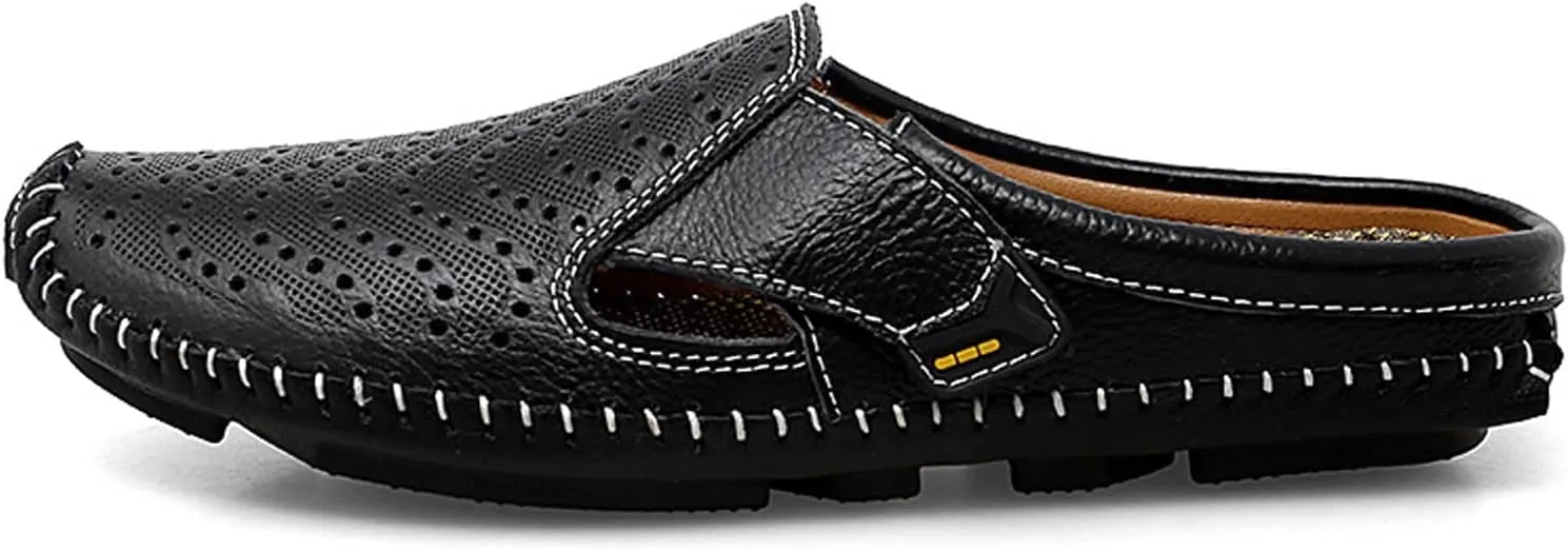 URLECHS Men's Leather Square Toe Cutout Mules,Breathable Punching Hook&Loop Backless Comfortable Loafers,Casual Fashion Flats Walking Driving Shoes