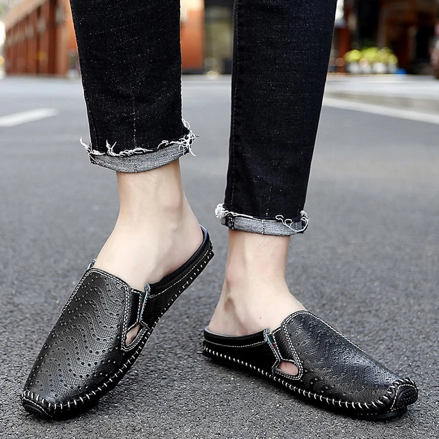 URLECHS Men's Leather Square Toe Cutout Mules,Breathable Punching Hook&Loop Backless Comfortable Loafers,Casual Fashion Flats Walking Driving Shoes