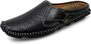 URLECHS Men's Leather Square Toe Cutout Mules,Breathable Punching Hook&Loop Backless Comfortable Loafers,Casual Fashion Flats Walking Driving Shoes