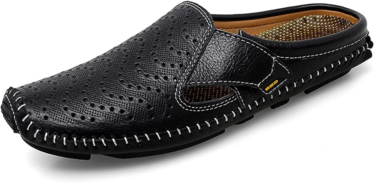 URLECHS Men's Leather Square Toe Cutout Mules,Breathable Punching Hook&Loop Backless Comfortable Loafers,Casual Fashion Flats Walking Driving Shoes