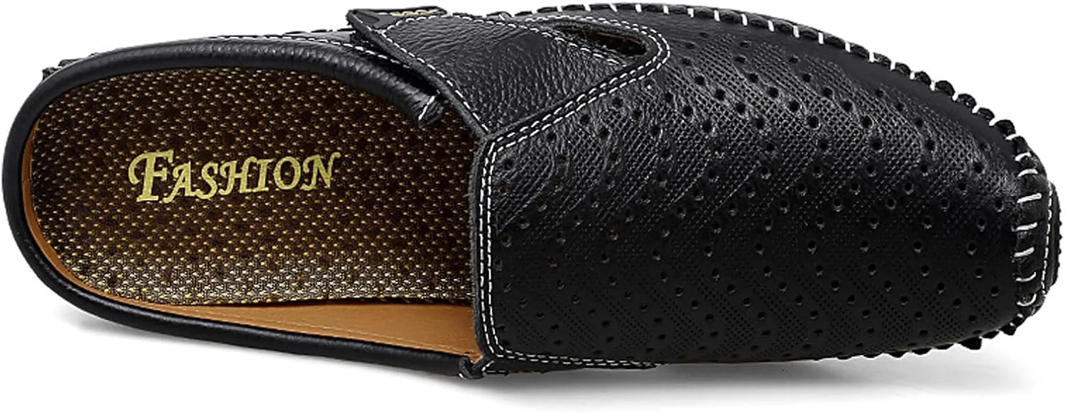 URLECHS Men's Leather Square Toe Cutout Mules,Breathable Punching Hook&Loop Backless Comfortable Loafers,Casual Fashion Flats Walking Driving Shoes