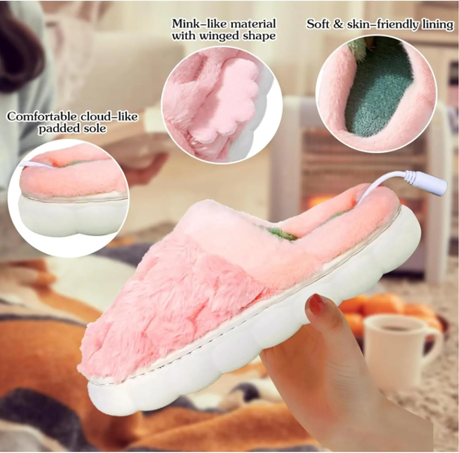 USB Heated Slippers Foot Warmer Shoes, Heated Slippers Rechargeable Foot Heaters Quick Heating 52℃ Electric Heating Shoes Winter Warm Plush Slippers for Women Men(Color:Brown)