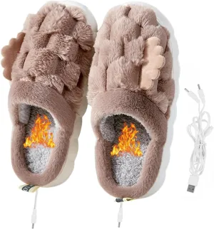 USB Heated Slippers Foot Warmer Shoes, Heated Slippers Rechargeable Foot Heaters Quick Heating 52℃ Electric Heating Shoes Winter Warm Plush Slippers for Women Men(Color:Brown)