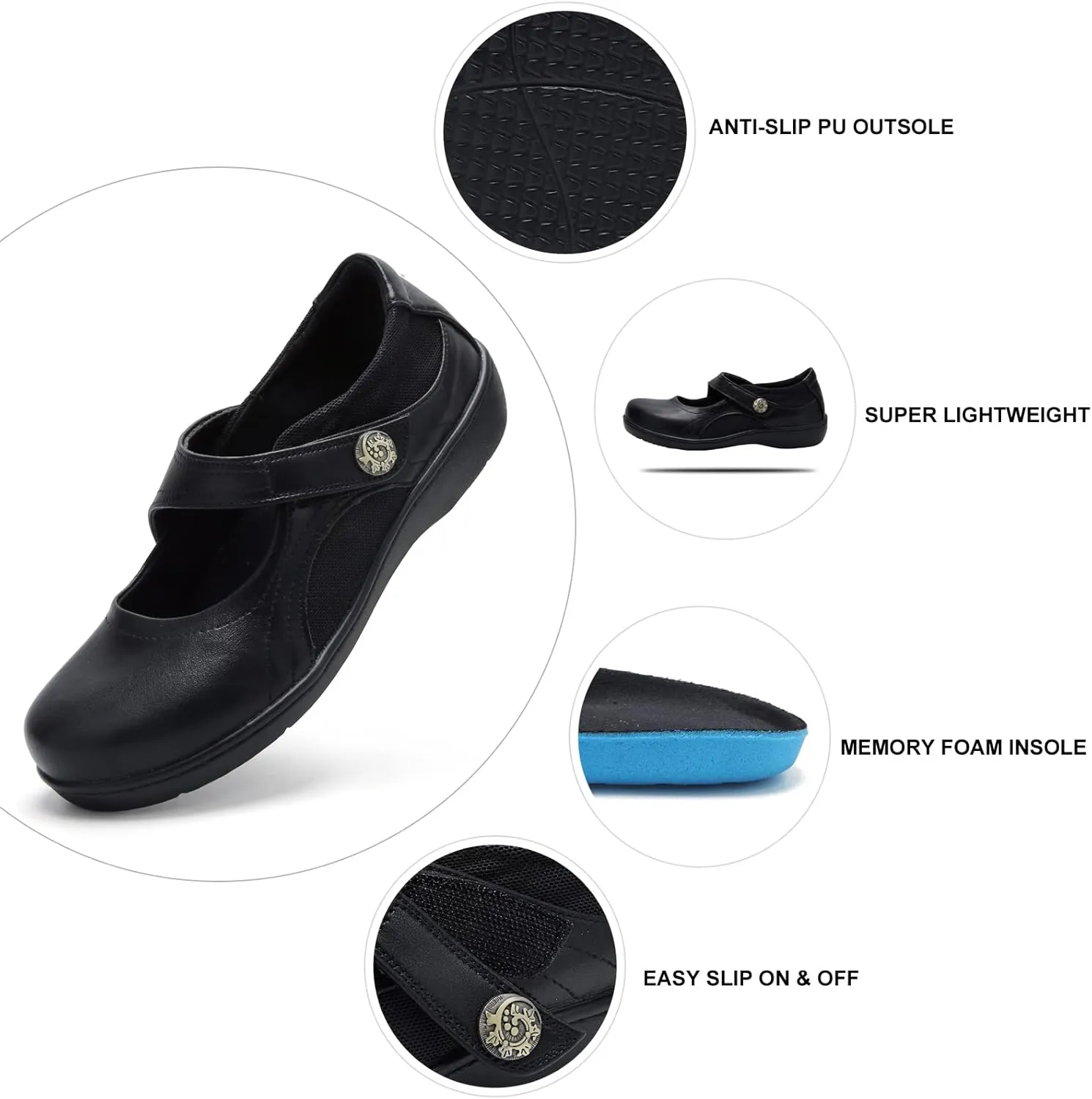 UZB Mary Jane Shoes Women Orthopedic Flats Comfortable Non Slip Work Shoes with Memory Foam