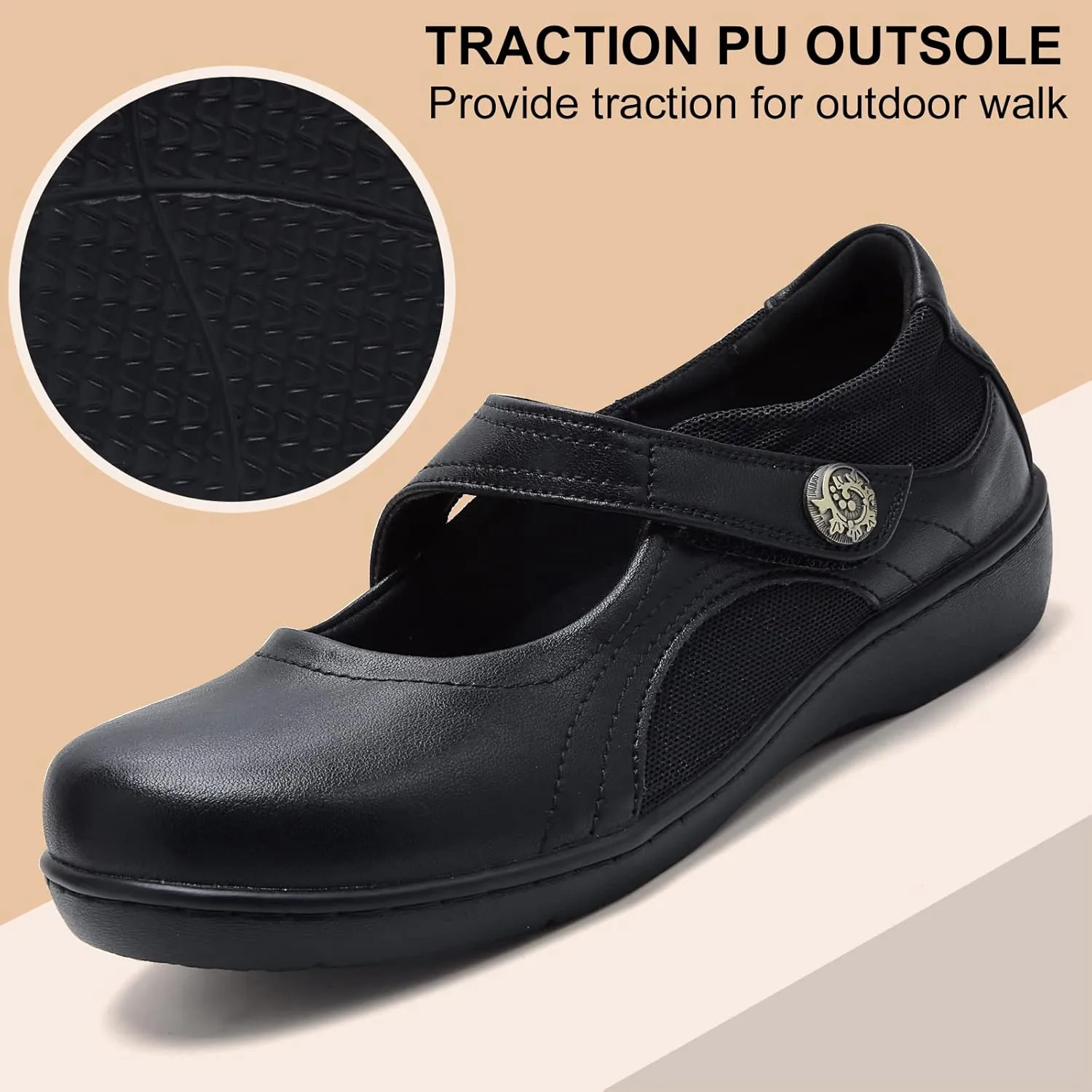 UZB Mary Jane Shoes Women Orthopedic Flats Comfortable Non Slip Work Shoes with Memory Foam