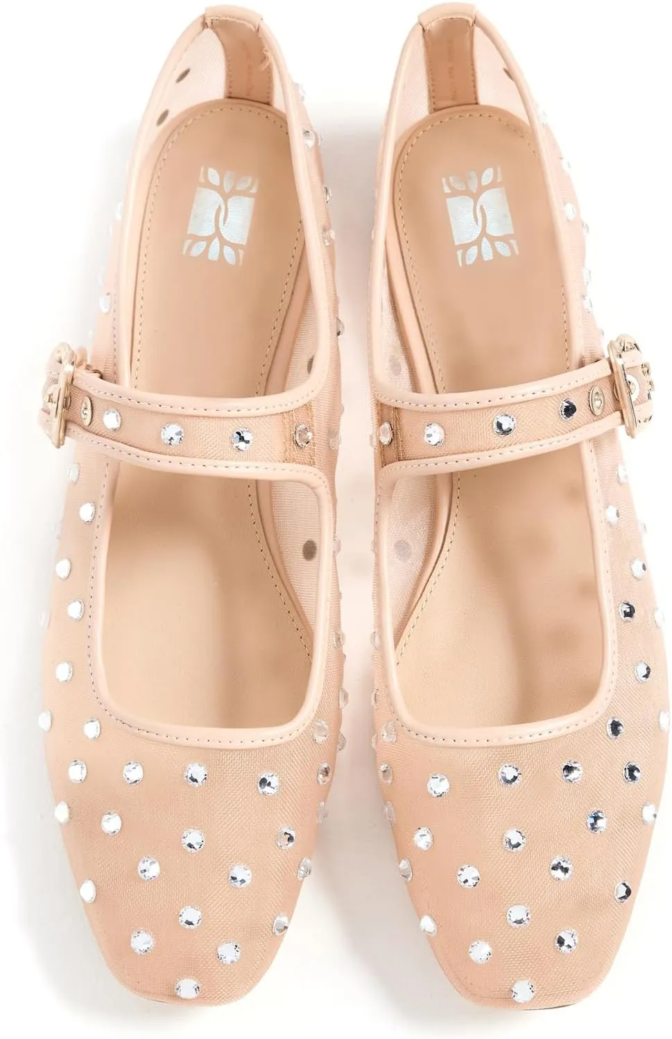 VARECOLA Mesh Flats for Women, Mary Jane Rhinestone Square Toe Dress Shoes Comfortable Work Wedding Party Ballerina Flats