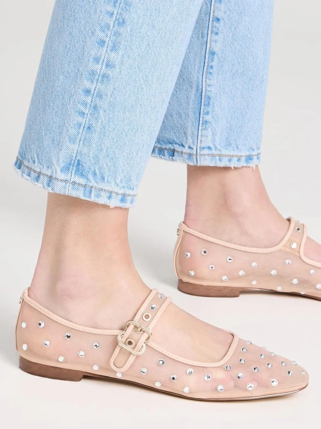 VARECOLA Mesh Flats for Women, Mary Jane Rhinestone Square Toe Dress Shoes Comfortable Work Wedding Party Ballerina Flats