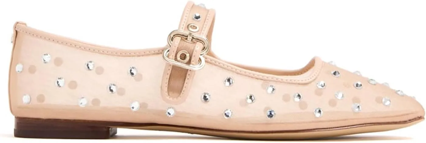 VARECOLA Mesh Flats for Women, Mary Jane Rhinestone Square Toe Dress Shoes Comfortable Work Wedding Party Ballerina Flats