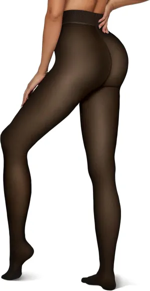 Vertvie Women's Fleece Lined Tights Sheer Fake Translucent One Seam Warm Pantyhose Thick High Waisted Thermal Leggings Winter