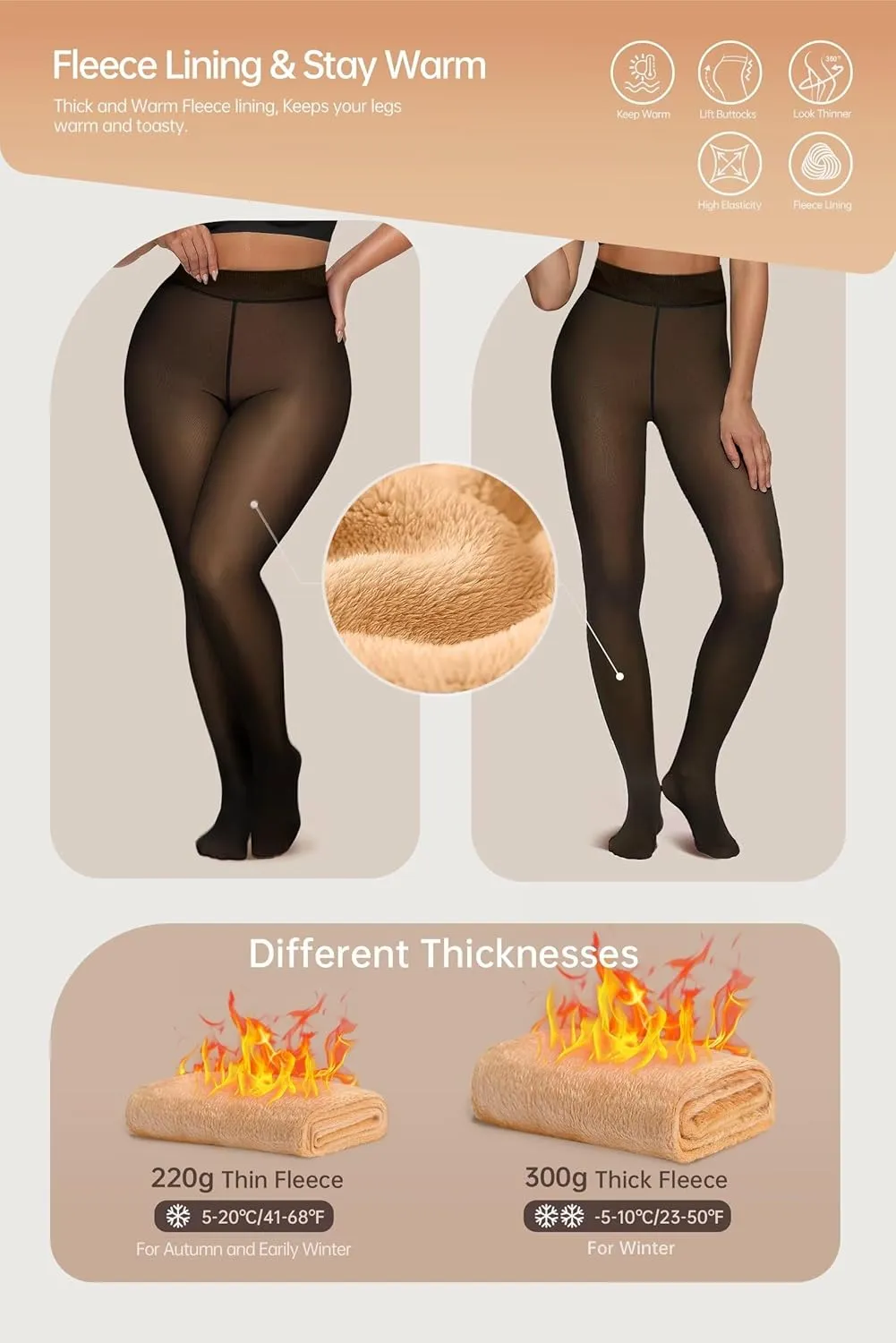 Vertvie Women's Fleece Lined Tights Sheer Fake Translucent One Seam Warm Pantyhose Thick High Waisted Thermal Leggings Winter