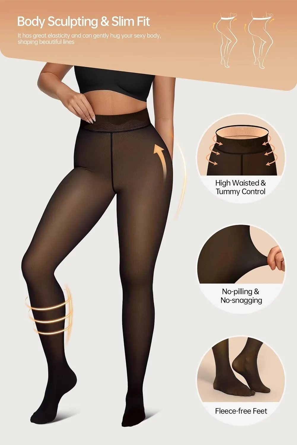Vertvie Women's Fleece Lined Tights Sheer Fake Translucent One Seam Warm Pantyhose Thick High Waisted Thermal Leggings Winter