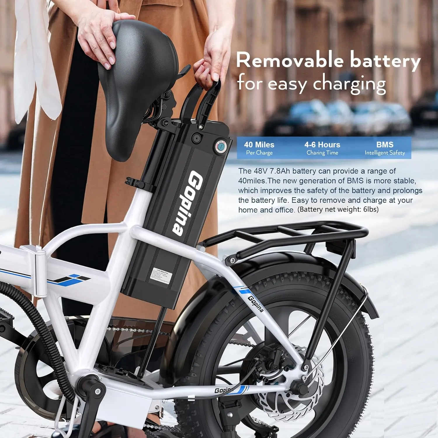Vivi Gopina Electric Bike, 16" x 3.0 Fat Tire Electric Bike, Peak 500W Step Thru Electric Bicycle, 48V Removable Battery, Up to 40 Miles, LCD Display, 20mph, 7 Speed, UL 2849 Certified