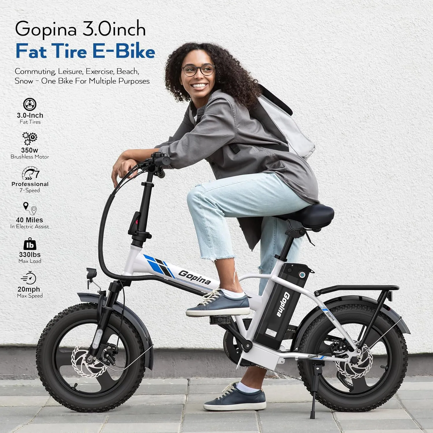 Vivi Gopina Electric Bike, 16" x 3.0 Fat Tire Electric Bike, Peak 500W Step Thru Electric Bicycle, 48V Removable Battery, Up to 40 Miles, LCD Display, 20mph, 7 Speed, UL 2849 Certified