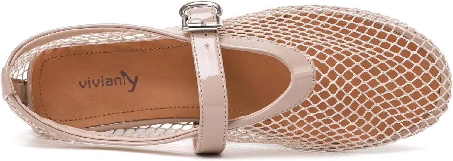 vivianly Mesh Ballet Flats Shoes for Women Flats Comfortable Dressy Round Toe Mesh Flats Fishnet Mary Jane Flats for Events Party Leisure