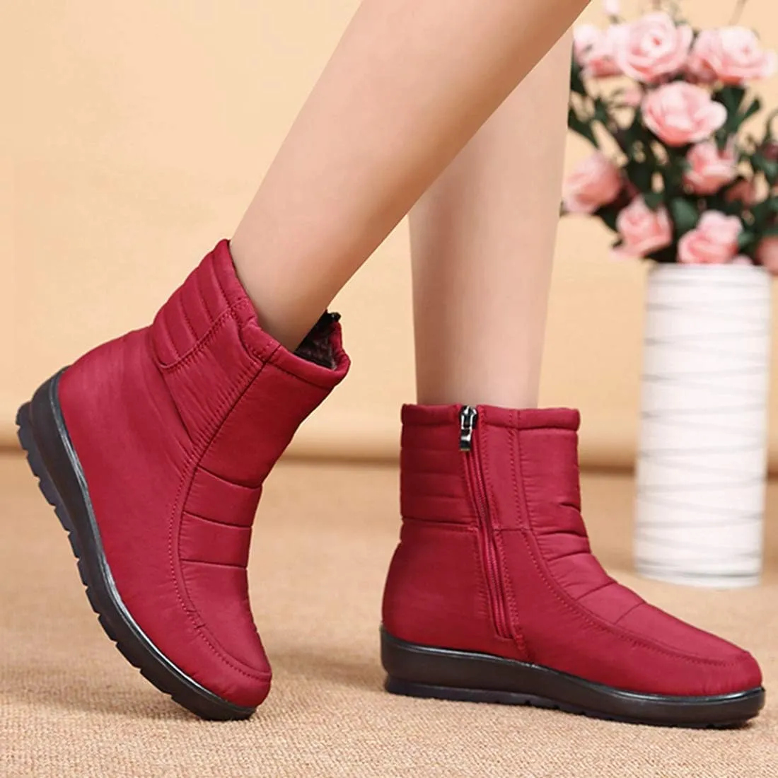 VOKLIN Women's Winter Fur Snow Ankle Boots Waterproof Rain Zipper Lightweight Anti-slip Snow Short Booties
