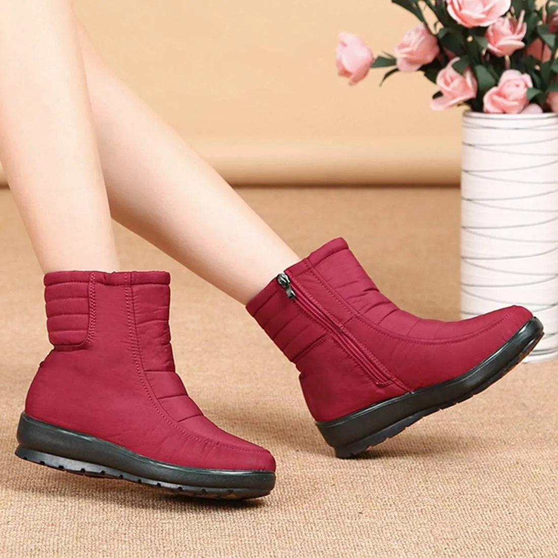 VOKLIN Women's Winter Fur Snow Ankle Boots Waterproof Rain Zipper Lightweight Anti-slip Snow Short Booties