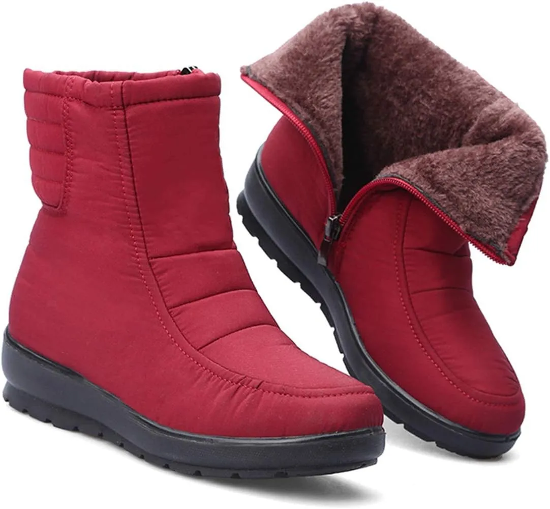 VOKLIN Women's Winter Fur Snow Ankle Boots Waterproof Rain Zipper Lightweight Anti-slip Snow Short Booties