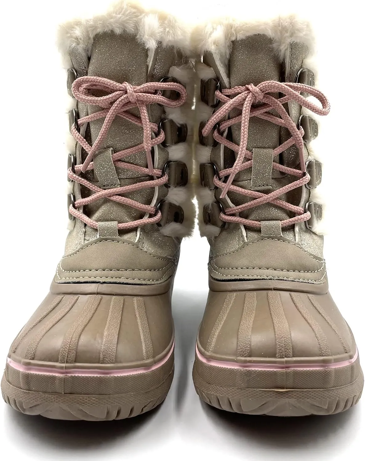 Warm Little Kids Snow Boots Pink Glitter Girls Snow Boots Waterproof Youth Snow Boots For Girls Slip Resistance Big Kids Snow Boots Faux Fur Insulated Lace-up Winter Boots…