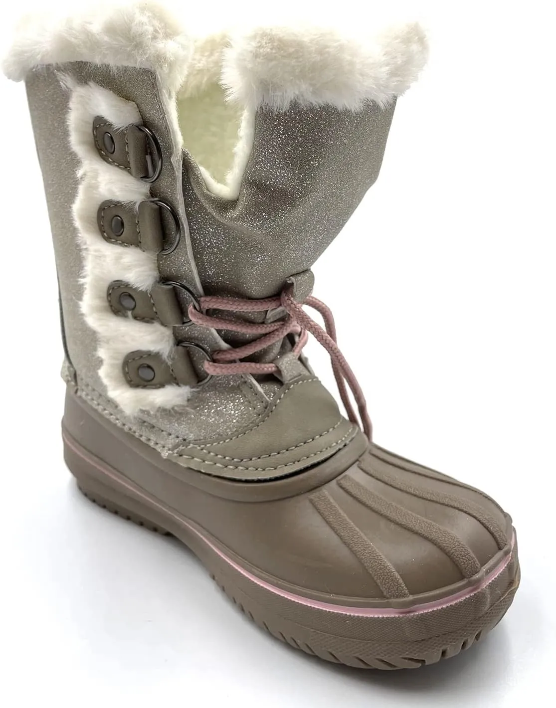 Warm Little Kids Snow Boots Pink Glitter Girls Snow Boots Waterproof Youth Snow Boots For Girls Slip Resistance Big Kids Snow Boots Faux Fur Insulated Lace-up Winter Boots…