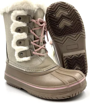 Warm Little Kids Snow Boots Pink Glitter Girls Snow Boots Waterproof Youth Snow Boots For Girls Slip Resistance Big Kids Snow Boots Faux Fur Insulated Lace-up Winter Boots…