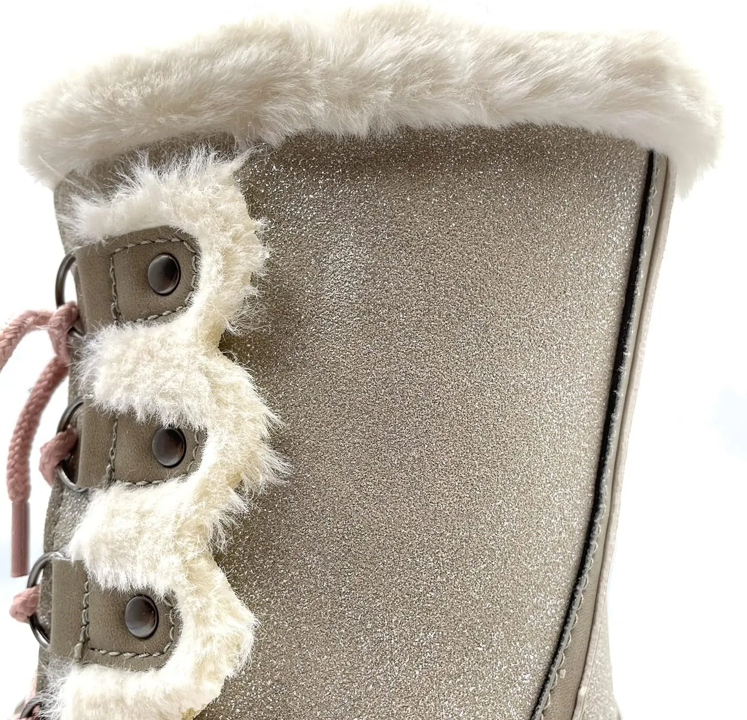 Warm Little Kids Snow Boots Pink Glitter Girls Snow Boots Waterproof Youth Snow Boots For Girls Slip Resistance Big Kids Snow Boots Faux Fur Insulated Lace-up Winter Boots…